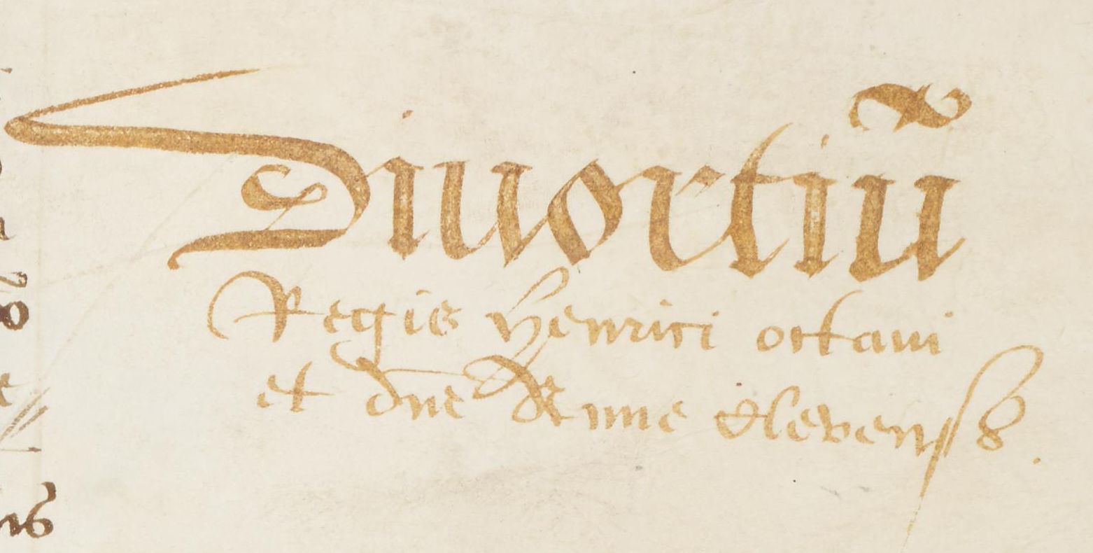 Abp.Reg.28: Close up of margin stating ‘Divortiu(m) Regis Henrici octaui et d(omi)ne Anne Clevensis’